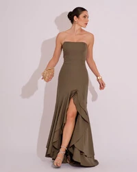 Vestido Longo com Fenda de Babados Alfaiataria Verde Oliva