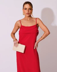 Vestido de Festa Longo Crepe Chiffon Costas Lenço Cauda Vermelho