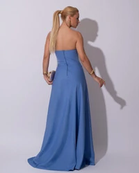 Vestido de Festa Longo Alfaiataria Tomara que Caia com Fenda Detalhe Azul Atlantis