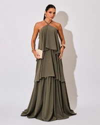 Vestido Longo Babado em Camadas Verde Oliva