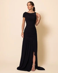 Vestido de Festa Longo Tule Faixa Detalhe Drapeado Preto