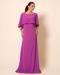 Vestido de Festa Longo Crepe Chiffon com Capa e Degagê nas Costas Fúcsia