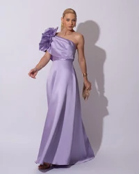 Vestido de Festa Longo Zibeline um Ombro Só Flor Drapeado Lilás