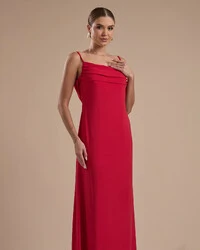 Vestido de Festa Longo Crepe Chiffon Costas Lenço Cauda Vermelho