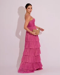 Vestido Longo de Festa Longo Tule Glitter com Camadas Pink