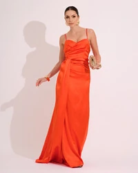 Vestido de Festa Longo Cetim Alfaiataria Fenda Drapeada Laranja