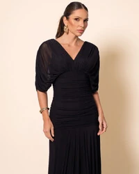 Vestido de Festa Longo Tule Manga Curta Drapeado Preto