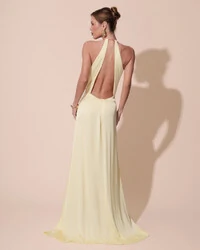 Vestido de Festa Longo Cetim Fluido com Argola Frente Única Amarelo Manteiga