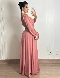 Vestido Longo Ombro Único de Manga Longa Malha Rose