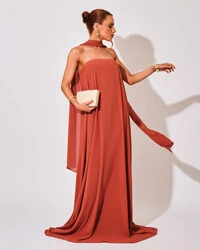 Vestido de Festa Longo Crepe Tomara que Caia com Lenço Terracota