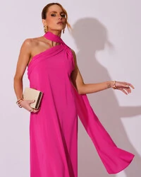 Vestido de Festa Longo Crepe Chiffon Um Ombro Só Drapeado Pink