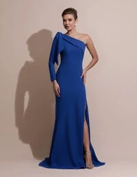 Vestido de Festa com Laço de Um Ombro em Alfaiataria Fenda Azul Royal