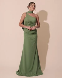 Vestido de Festa Longo Alfaiataria Um Ombro Só Detalhe Drapeado Verde Matcha