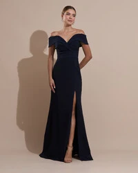 Vestido de Festa Longo Alfaiataria Ombro a Ombro com Fenda Azul Marinho Escuro