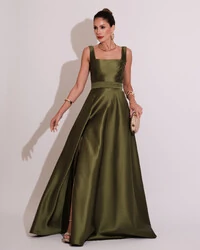 Vestido de Festa Longo Zibeline com Fenda e Faixa Verde Oliva