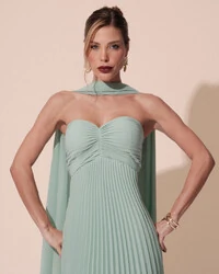 Vestido de Festa Longo Tomara que Caia Plissado com Lenço Verde Menta