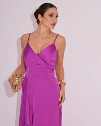 Vestido Midi Babado Acetinado Fúcsia