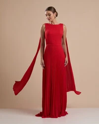 Vestido de Festa Longo Crepe Chiffon Plissado com Lenço nas Alças Vermelho New
