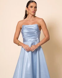 Vestido de Festa Longo Cetim Cristal Tomara que Caia Drapeado Serenity