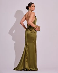 Vestido de Festa Longo em Cetim Alfaiataria com Elastano Frente Única Verde Oliva