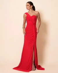 Vestido de Festa Longo Tule Tomara que Caia Faixa Detalhe Drapeado e Fenda Vermelho