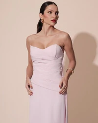 Vestido de Festa Longo Alfaiataria Tomara que Caia Drapeado Faixa Rosa Claro