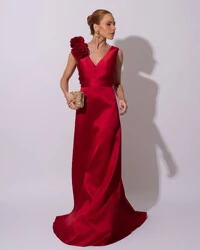 Vestido de Festa longo Zibeline Decote em V com Flores Removivel Marsala