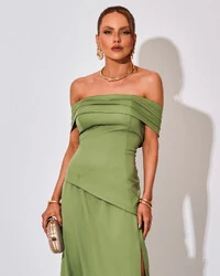 Vestido de Festa Longo Alfaiataria Ombro a Ombro Drapeado com Fenda Verde Matcha