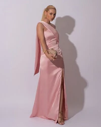 Vestido de Festa Longo Cetim Alfaiataria Tomara que Caia com Faixa Lenço Rose Gold