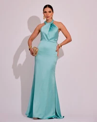 Vestido de Festa Longo em Cetim Alfaiataria com Elastano Frente Única Tiffanny