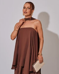 Vestido de Festa Longo Chiffon Crepe em Camadas com Lenço Marrom