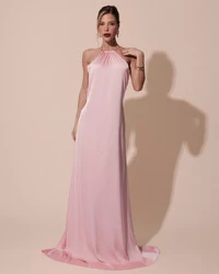 Vestido de Festa Longo Cetim Fluido com Argola Frente Única Rose Gold