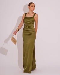 Vestido Longo de Festa Cetim Alfaiataria Drapeado Sereia Verde Oliva