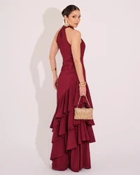 Vestido de Festa Longo Decote Halter com Babados Marsala