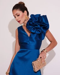 Vestido de Festa longo Zibeline Flor Azul Royal