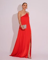 Vestido de Festa Longo Cetim Um Ombro Só Vermelho
