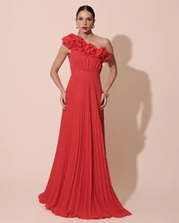 Vestido de Festa um Ombro Só Flor Saia Plissado Vermelho New