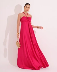 Vestido de Festa Longo Cetim Fluido Frente Única Costa Cruzada Pink