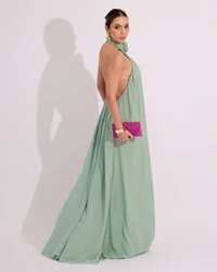 Vestido Longo Crepe Chiffon Frente Única Fluido Flor Removível Verde Menta
