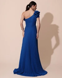 Vestido de Festa um Ombro Só Flor Saia Plissado Azul Royal