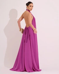 Vestido Longo Crepe Chiffon Frente Única Fluido Flor Removível Fúcsia