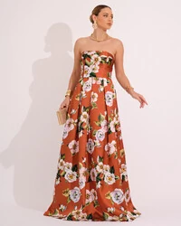 Vestido de Festa Longo em Zibeline Estampado Tomara que Caia Terracota Floral