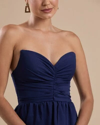 Vestido de Festa Longo Crepe Chiffon Tomara que Caia Peplum Drapeado Azul Marinho