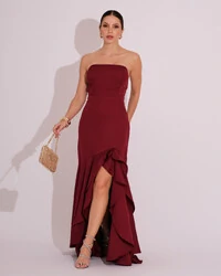 Vestido Longo com Fenda de Babados Alfaiataria Marsala Escuro