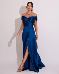 Vestido de Festa Longo Zibeline Ombro a Ombro com Fenda Azul Royal