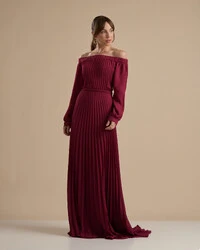 Vestido de Festa Longo Crepe Chiffon Plissado Ombro a Ombro Cereja