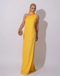 Vestido de Festa Longo Crepe Chiffon Um Ombro Só Drapeado Lenço Fixo Amarelo