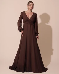 Vestido de Festa Manga Longa com Cintura Drapeada Decote V Marrom