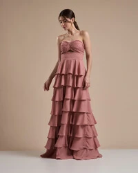 Vestido Longo Crepe Chiffon Tomara que Caia Plissado em Camadas Rose