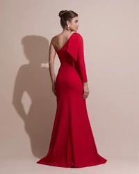 Vestido de Festa com Laço de Um Ombro em Alfaiataria Fenda Vermelho